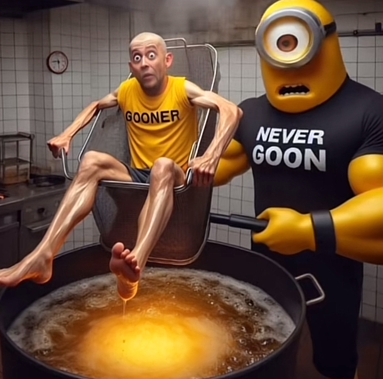 Minion frying Gooner in kitchen