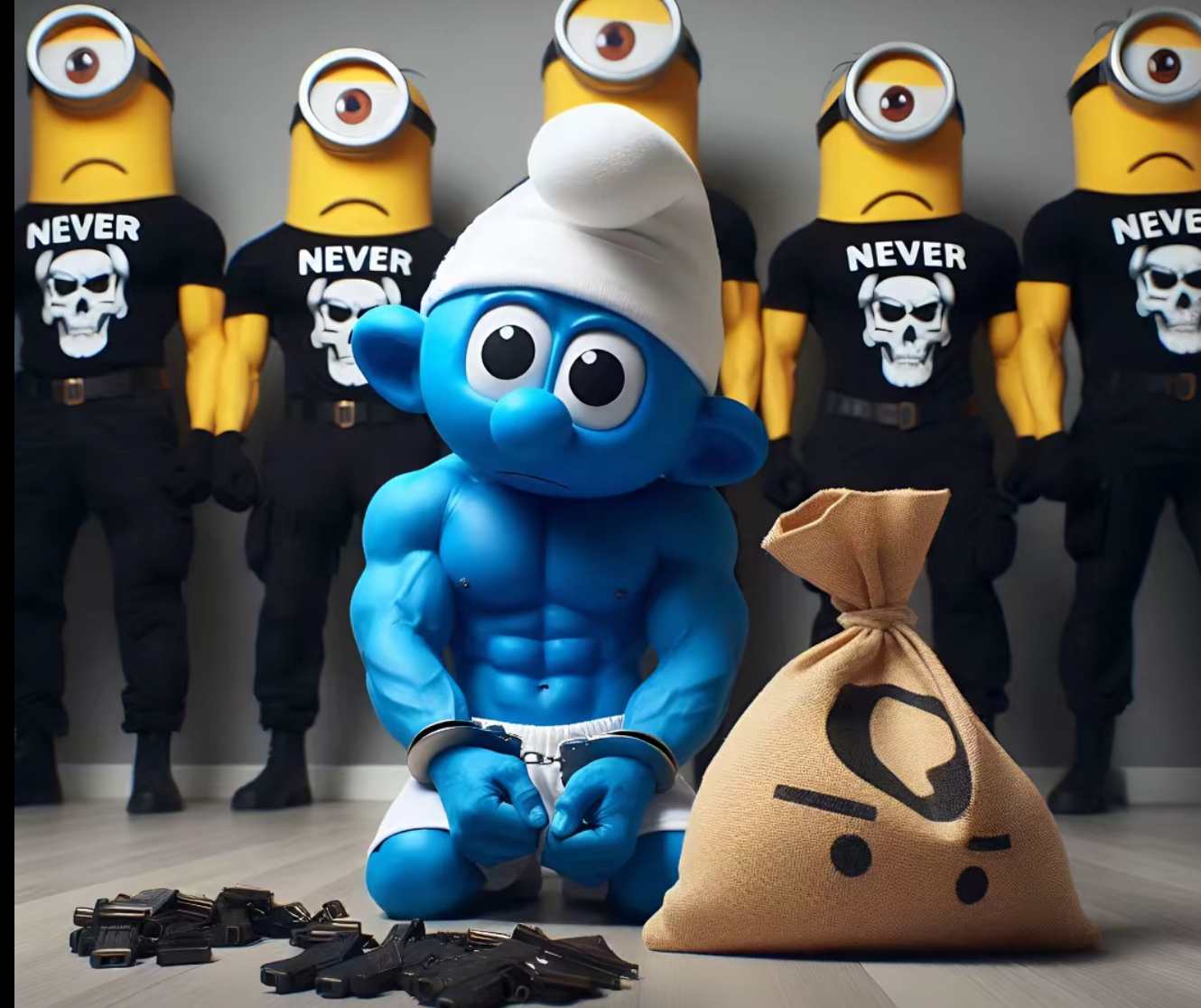 Smurf handcuffed by minions suspected anti-goon justice action